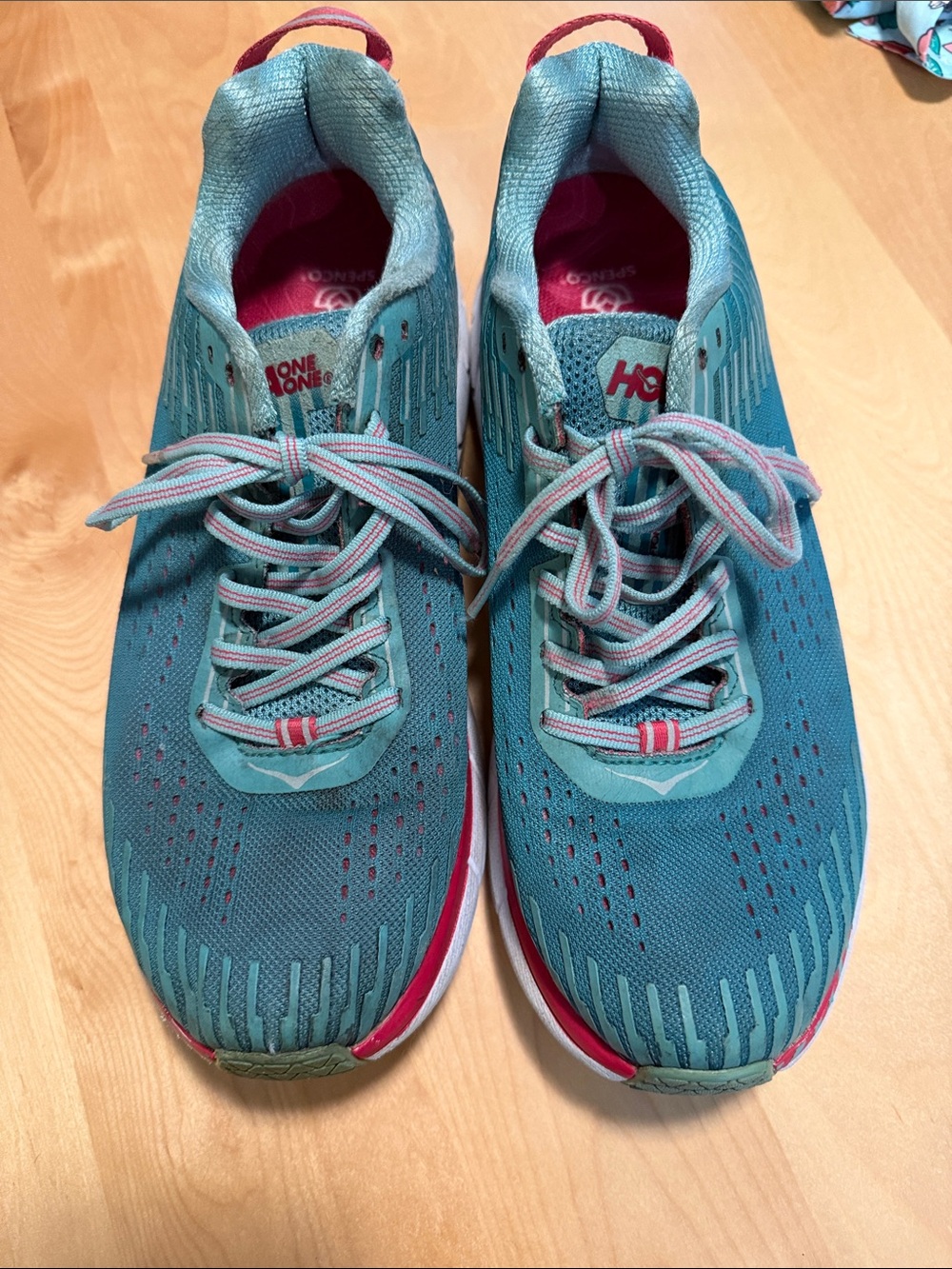 Hoka Women’s Teal Running Shoes with Pink Accents